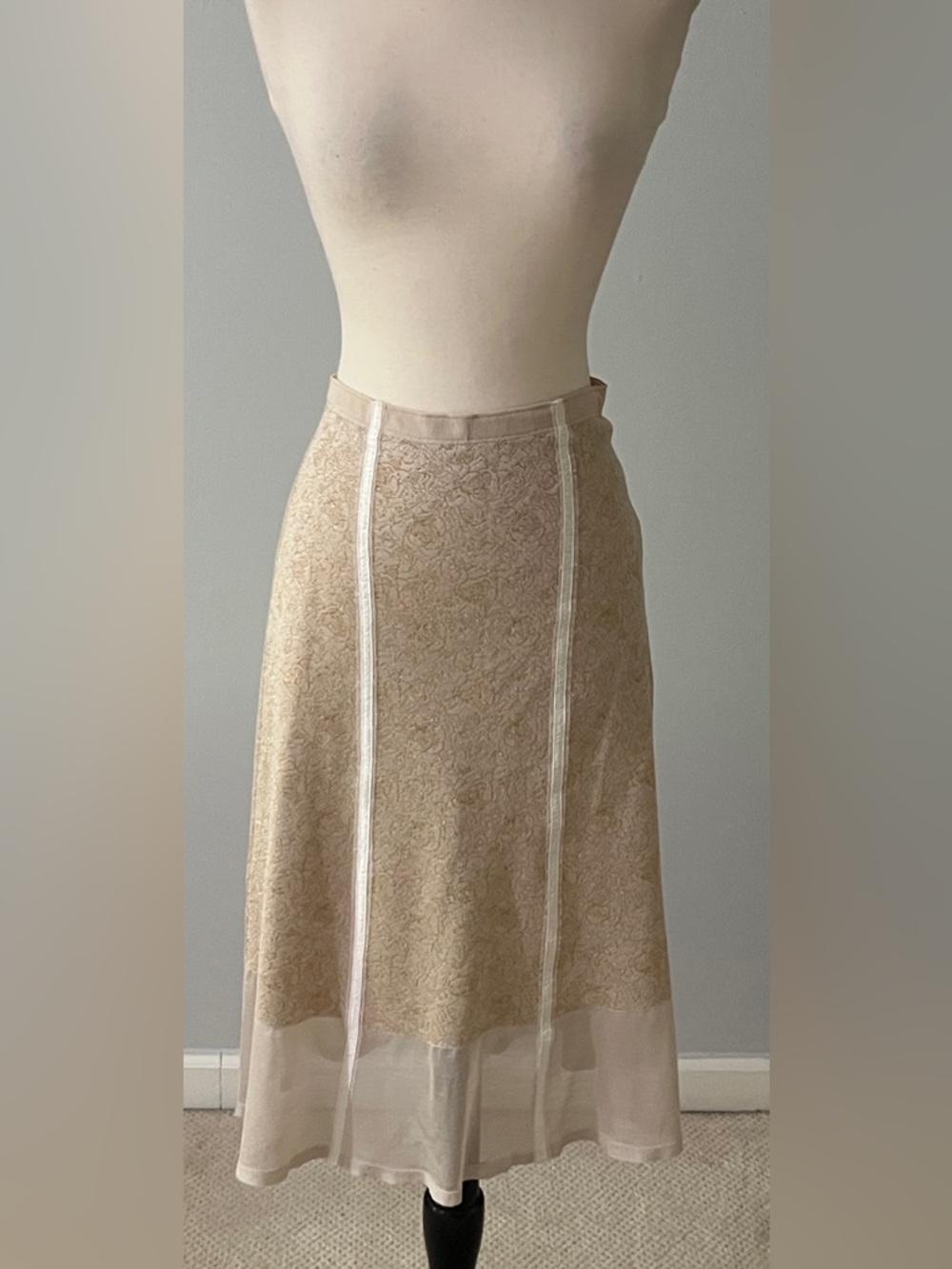 TSE Gold Lace Midi Skirt A-Line Sheer Hem Neutral Metallic M